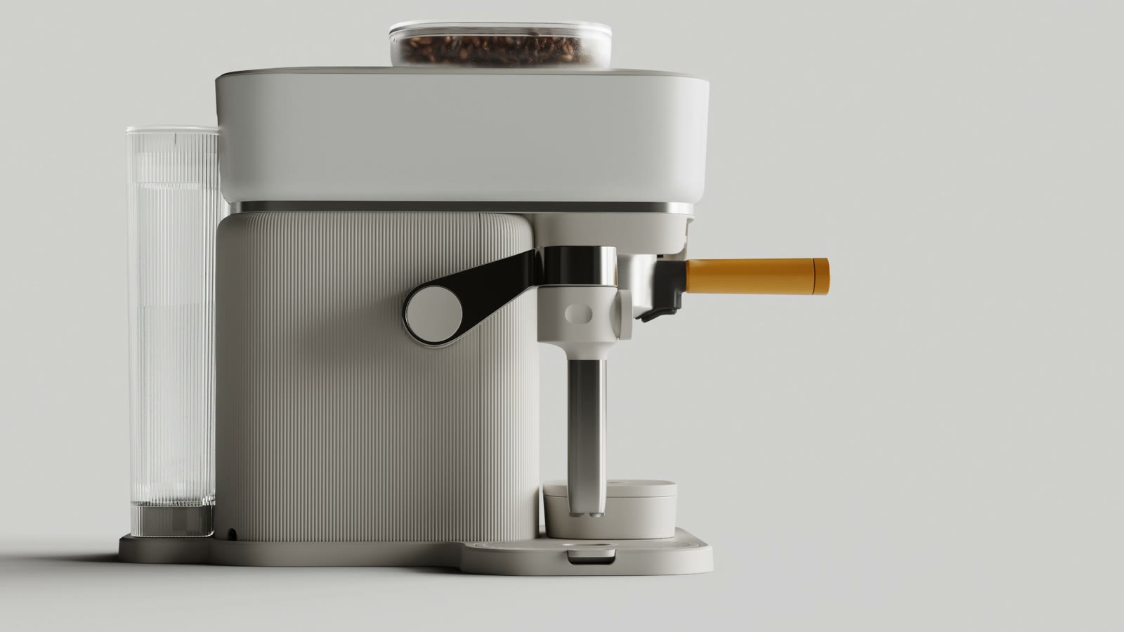De Philips Baristina-espressomachine van opzij, op een lichte achtergrond.