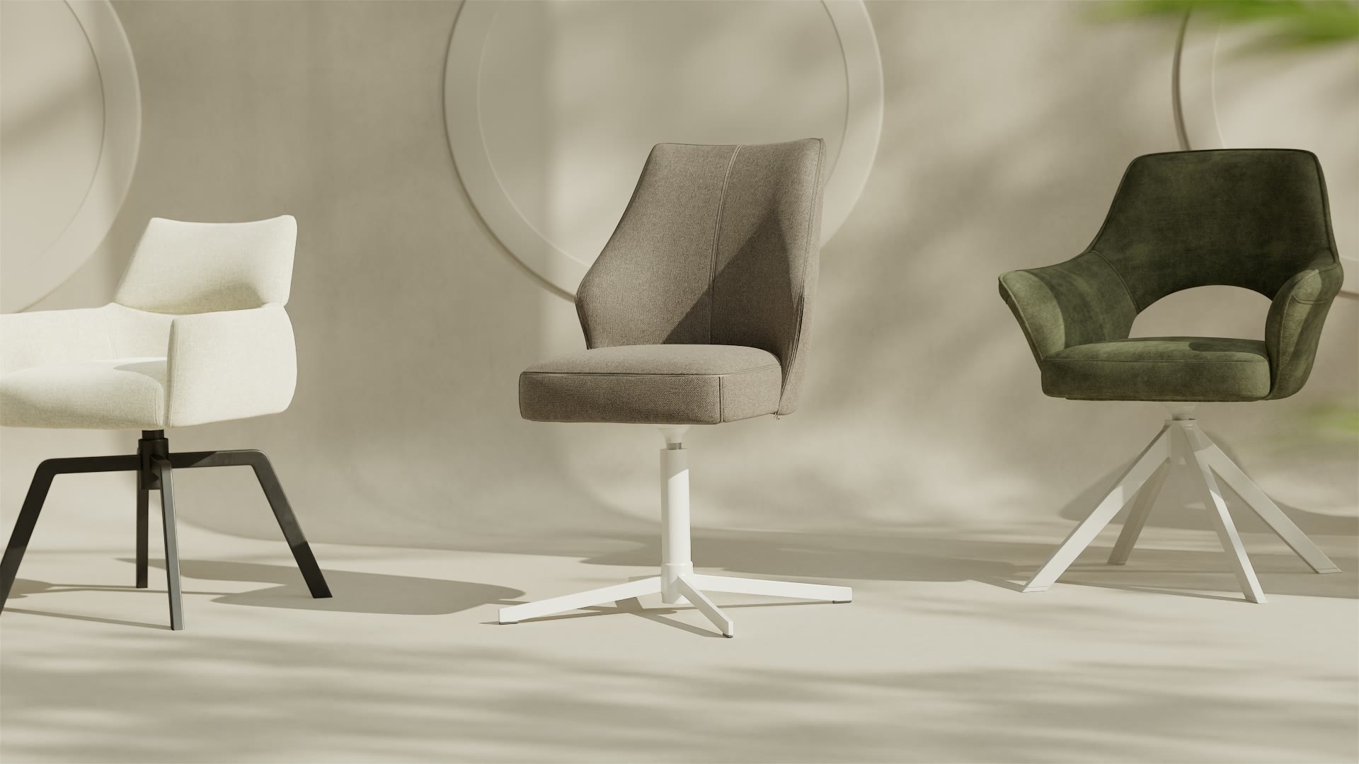 Stoelen in wit, grijs en groen op verschillende onderstellen.