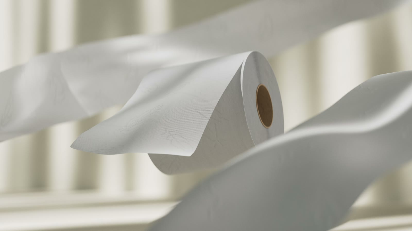Een rol toiletpapier zweeft gewichtloos door een lichte ruimte.