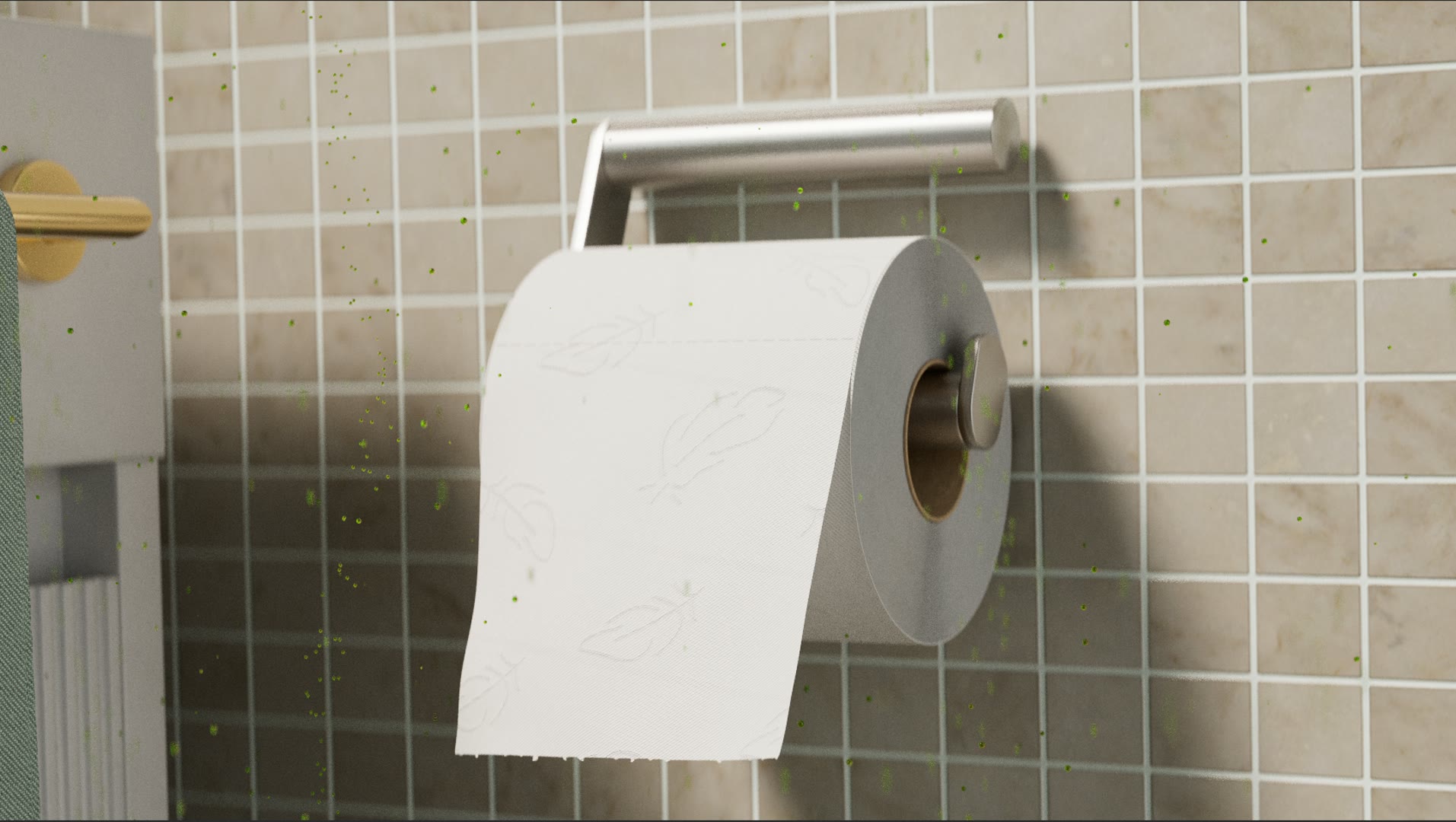 Een rol toiletpapier aan een houder tegen een tegelwand.