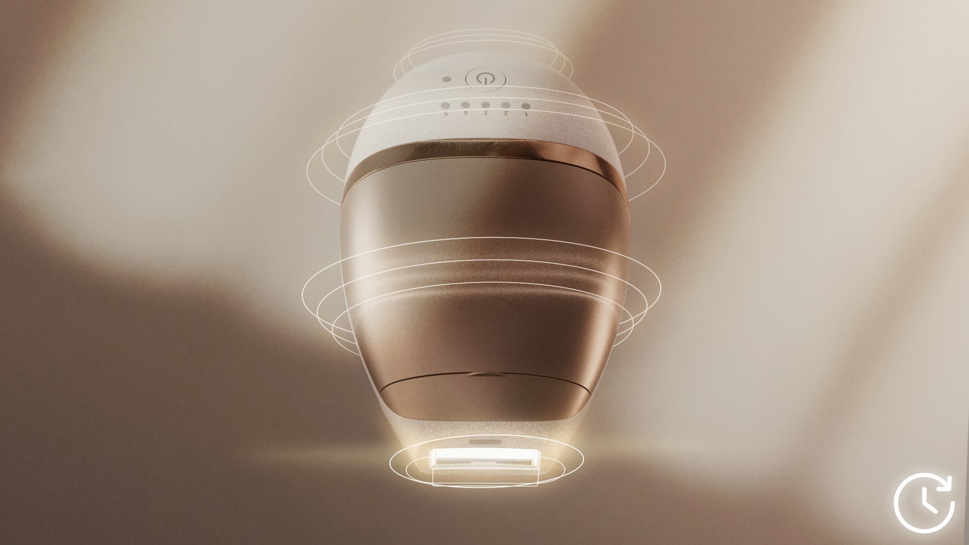 Het apparaat van onderen, omringd door zachte ringen van licht.