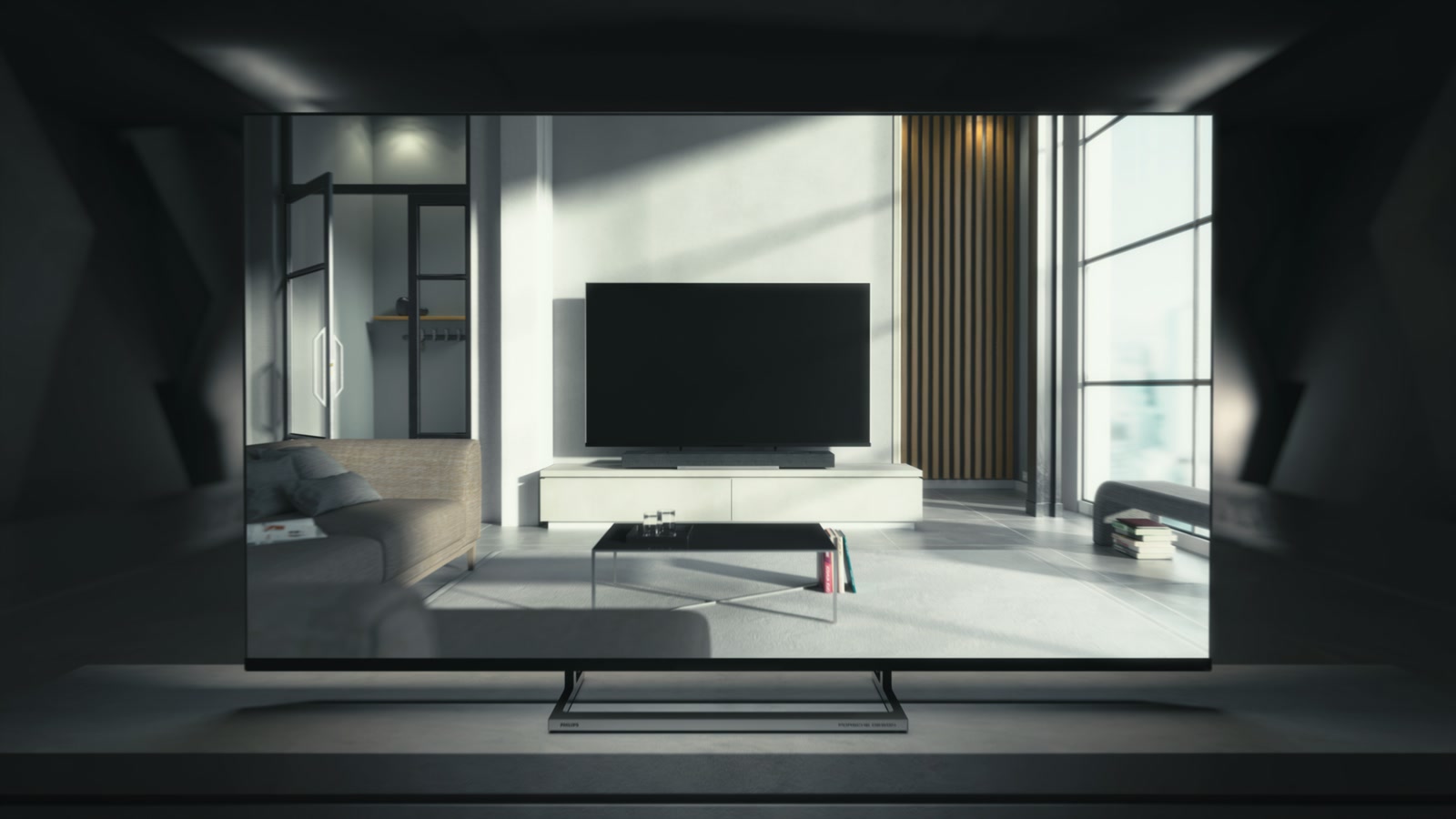 De Porsche Design-televisie in een lichte woonkamer.