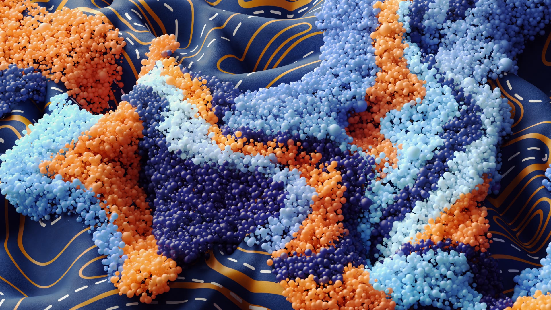 Een golvend tapijt van oranje en blauwe bolletjes.