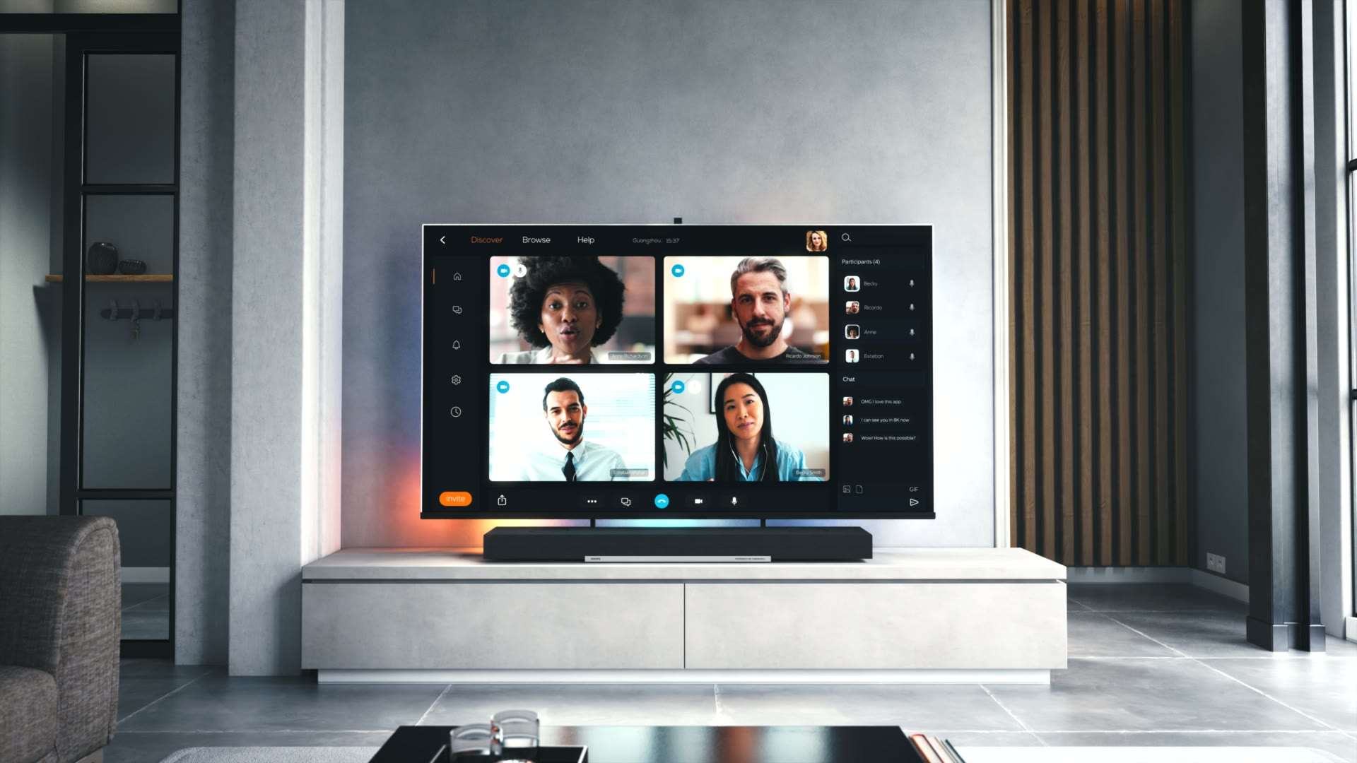 Een videogesprek op de televisie in een lichte woonkamer.