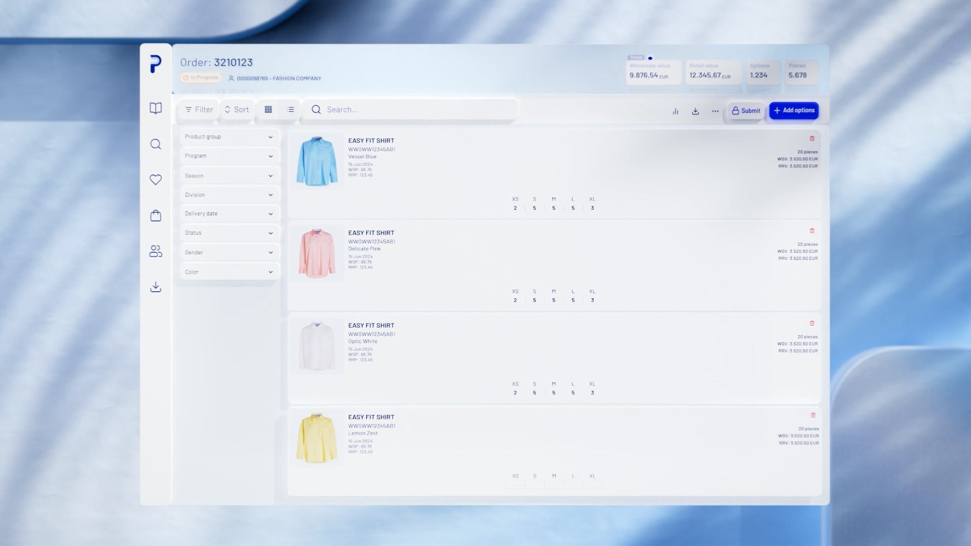 Het orderintake-scherm van Prana met een lijst shirts.