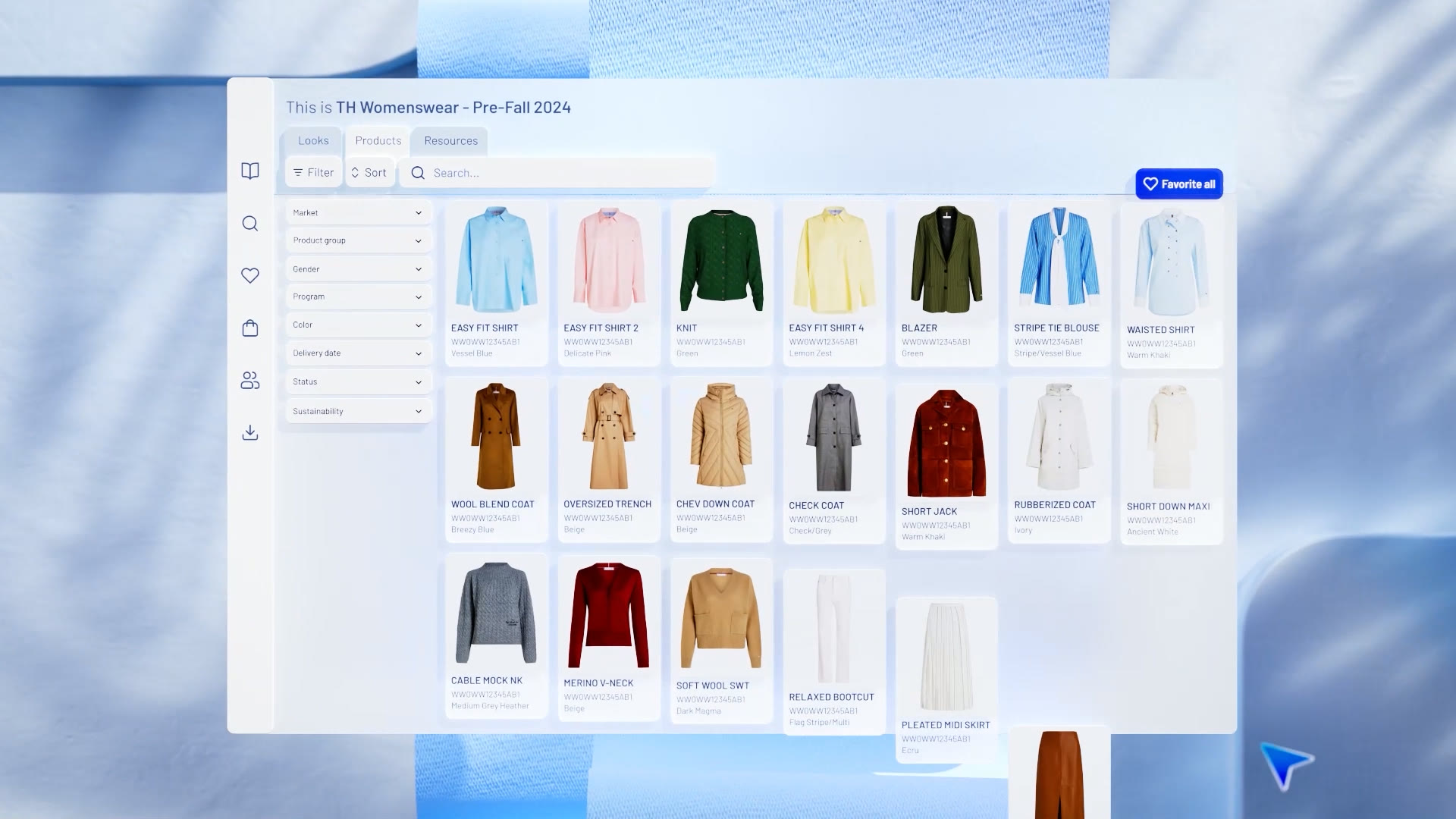 De collectie-interface van TH Womenswear met een raster van kledingstukken.