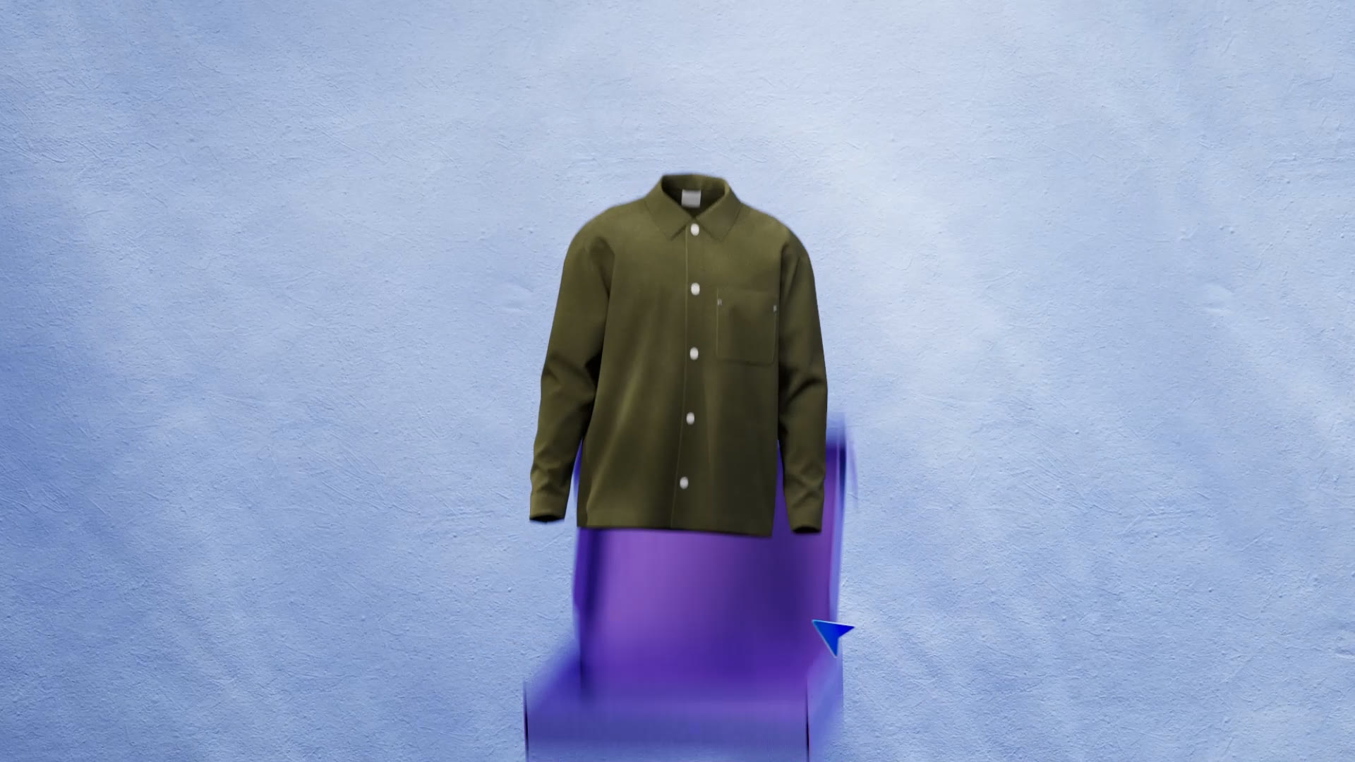 Een shirt zweeft boven een paarse doos in een lichte ruimte.