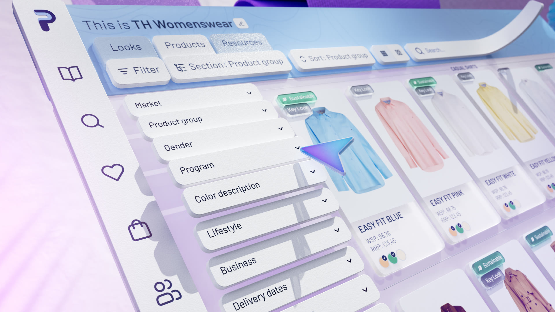 Styleframe: close-up van glazen filtermenu’s in de interface.