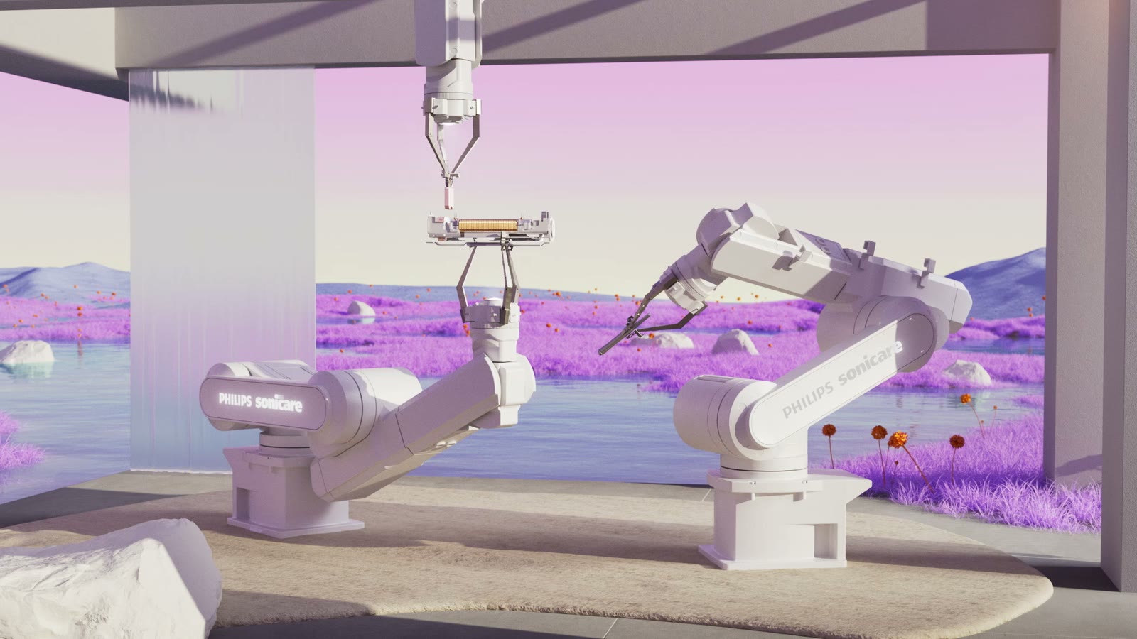 Twee Philips Sonicare-robotarmen bouwen een motor, voor een lila landschap.