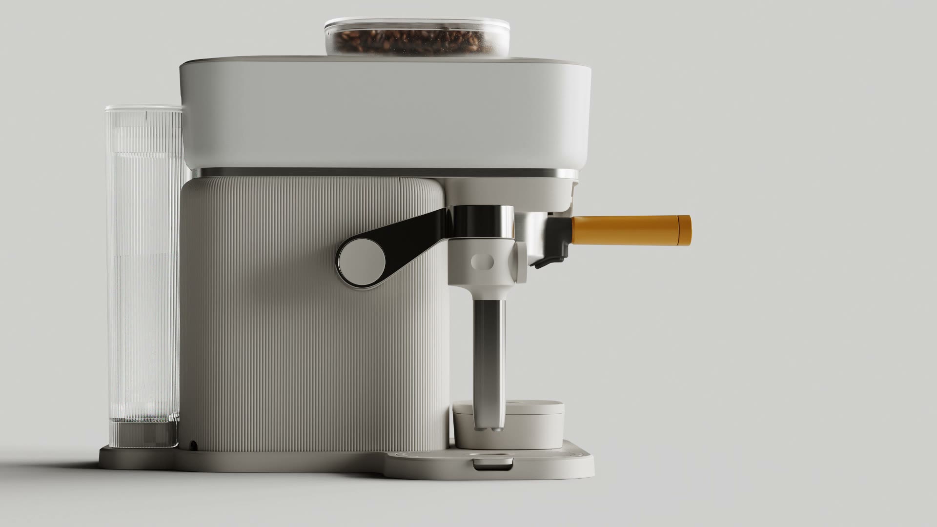 De Philips Baristina van opzij, die kantelt naar de knop van dichtbij en losse onderdelen.