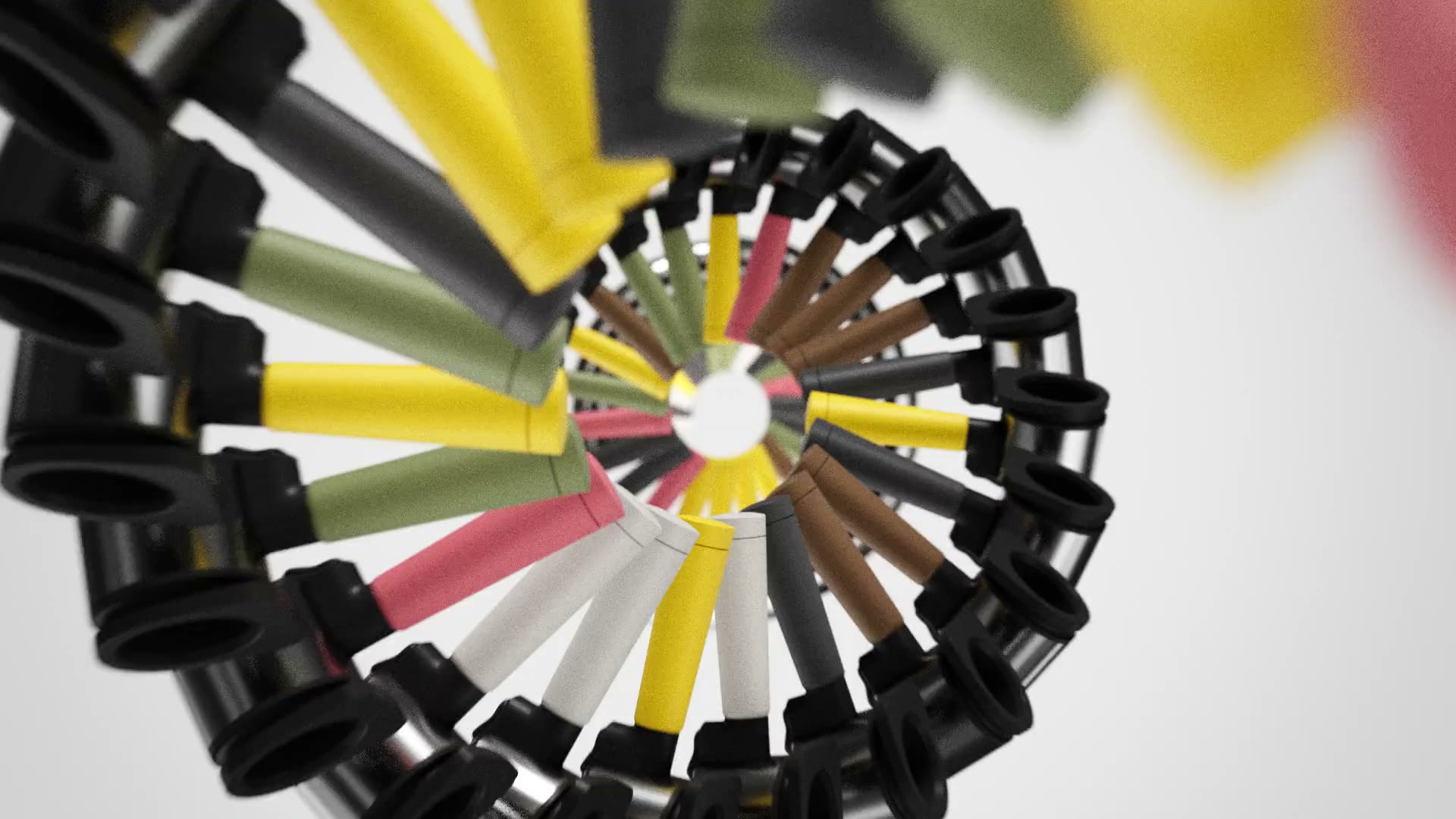 Een ring van kleurrijke portafilters draait rond.