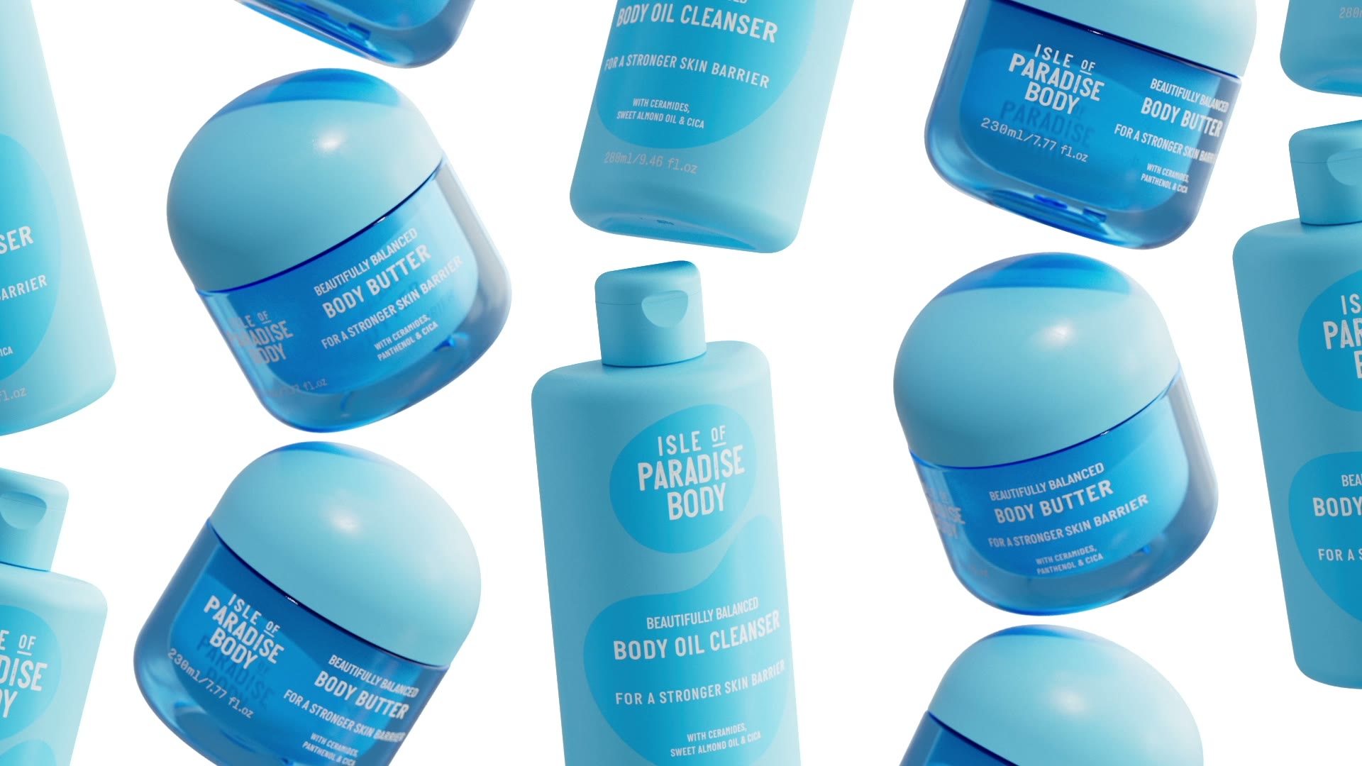 Potten body butter en flessen reinigingsolie in een diagonaal patroon op wit.