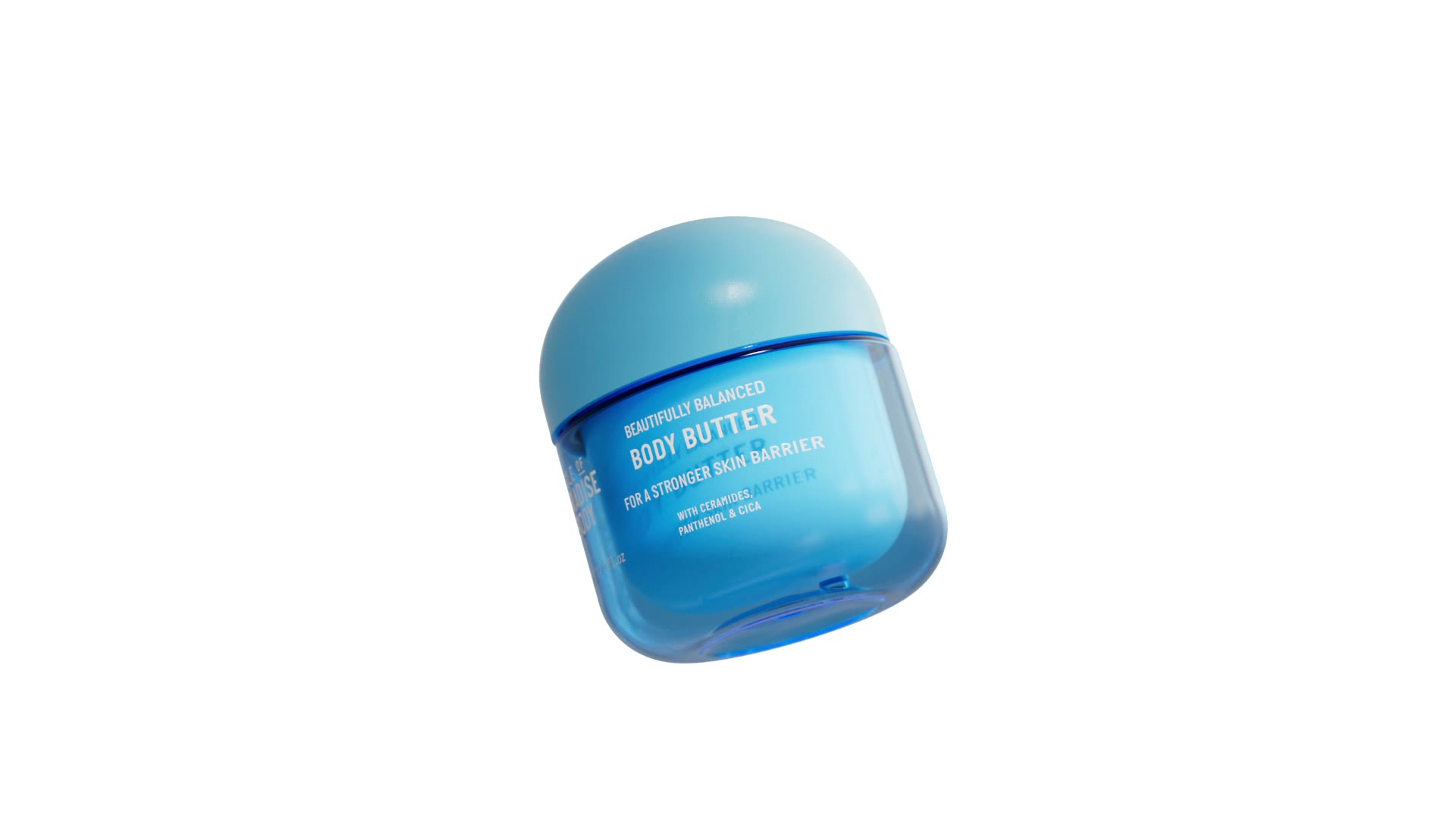 De geopende pot body butter zweeft en draait.