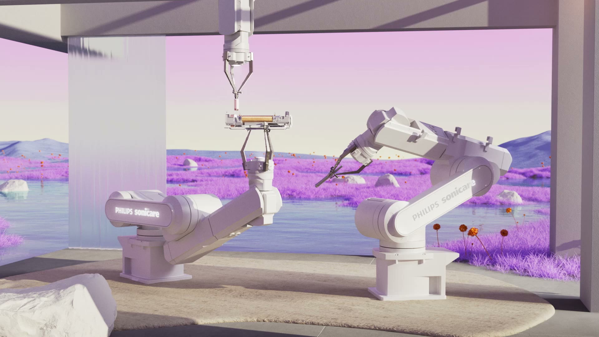 Twee Philips Sonicare-robotarmen bouwen een motor, voor een lila landschap.